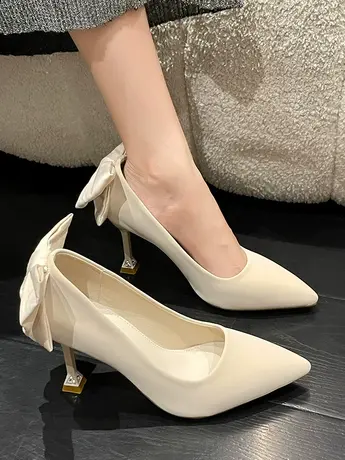 尖头单鞋女2023年秋季新款百搭细跟小众设计蝴蝶结细跟气质高跟鞋图片