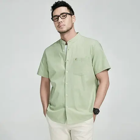 格慕施夏季男士纯棉短袖衬衫薄款大码宽松休闲立领泡泡纱衬衣男装图片