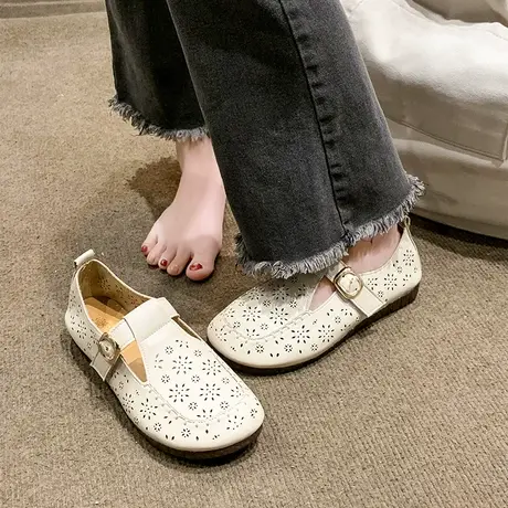 原宿风复古豆豆鞋女2023年夏季新款软底凉鞋镂空透气单鞋孕妇鞋商品大图