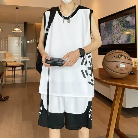 背心男士夏季套装潮牌宽松休闲无袖t恤短裤两件套篮球运动服夏装商品大图