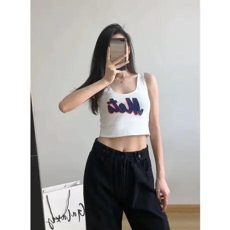 辣妹风高腰短款小背心女2024夏百搭修身内搭无袖黑色显瘦短款上衣图片