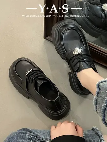 厚底黑色小皮鞋女2024春秋新款系带英伦风百搭舒适乐福鞋时尚单鞋商品大图