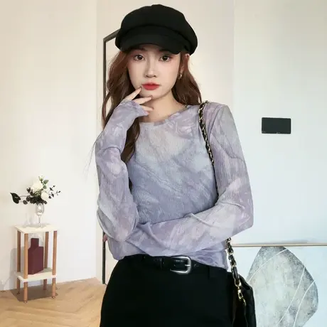 尔给夏季显瘦防晒衫长袖打底衫女2024新款扎染薄款短款甜辣小上衣商品大图
