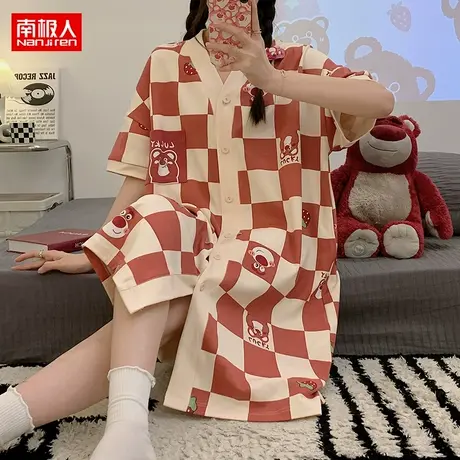 南极人薄款睡衣女夏季短袖纯棉开衫长款衬衫格子睡裙韩版宽松大码图片