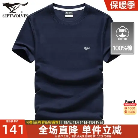 七匹狼圆领短袖T恤男士2023夏季条纹纯棉时尚中年男装上衣打底衫商品大图