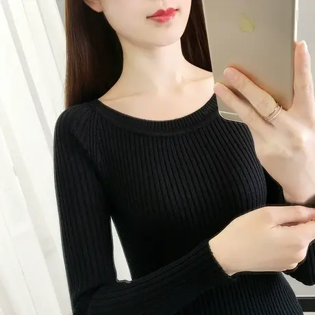 黑色打底衫女长袖纯色圆领针织上衣修身紧身春秋新款薄款毛衣套头商品大图