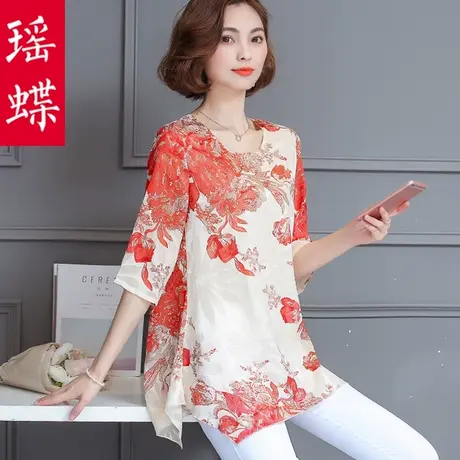 夏季雪纺衫短袖女中长款2023新款中袖碎花小衫宽松遮肚子显瘦上衣商品大图