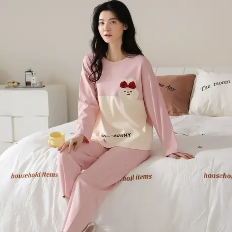 南极人纯棉睡衣女春秋季长袖2023年新款带胸垫薄款家居服套装夏天商品大图