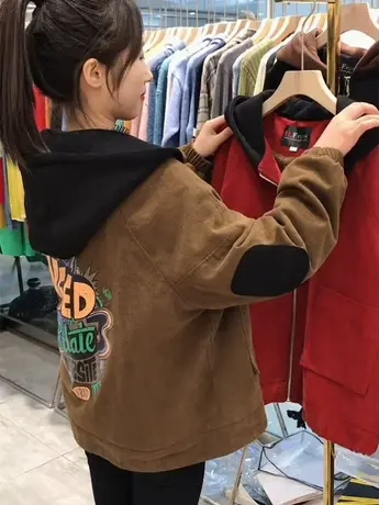 2023新款秋冬高级感炸街加绒连帽外套女韩版休闲加厚棉服牛仔上衣商品大图