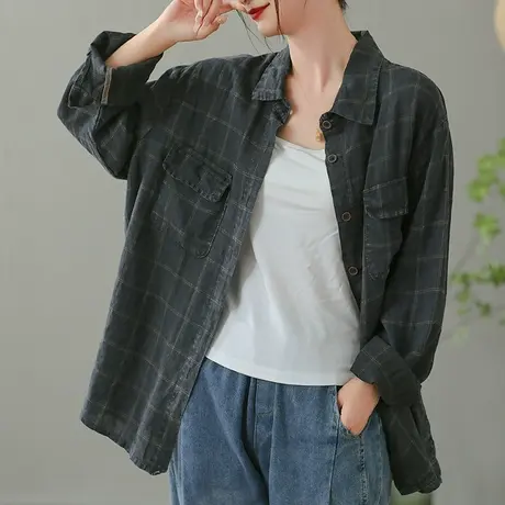 dza 复古休闲格子长袖衬衫外套女士春秋显瘦上衣宽松洋气外搭衬衣商品大图