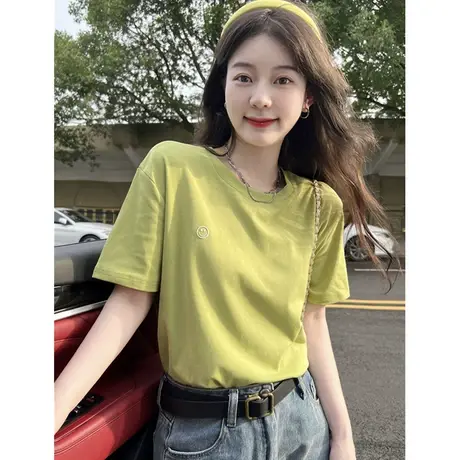 美式复古全棉短袖t恤2023夏季新款女装设计感小众正肩遮肚子上衣商品大图