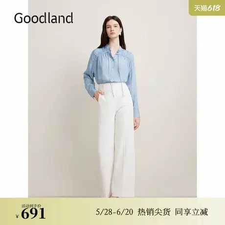 【醋酸系列】Goodland美地春季法式优雅褶裥衬衫上衣图片