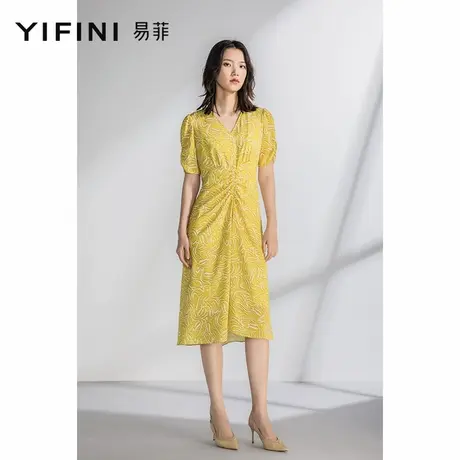 Yifini/易菲V领短袖高腰遮肉连衣裙女夏季新款气质收腰长款图片
