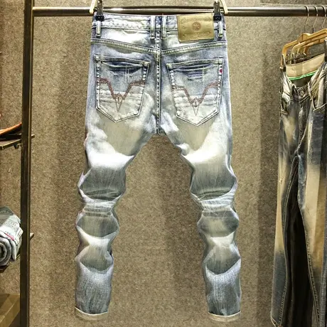 美式复古做旧牛仔裤男秋冬款高端水洗潮流百搭弹力修身小脚裤子男商品大图