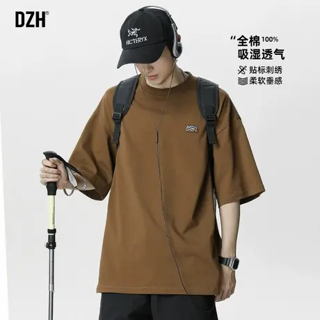 男士棕色短袖男款夏季潮牌2025新款圆领刺绣T恤宽松体恤衫上衣潮商品大图