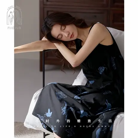 妮狄娅睡衣睡裙女夏凉感柔软棉带胸垫复古中长背心裙可外穿家居服商品大图