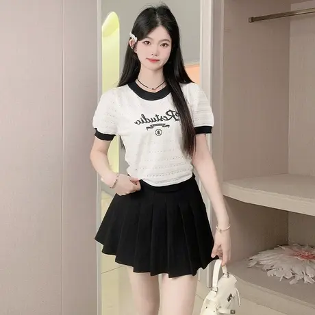 乡美媚2025新款法式复古百搭镂空针织衫女夏季设计感小众短袖上衣商品大图