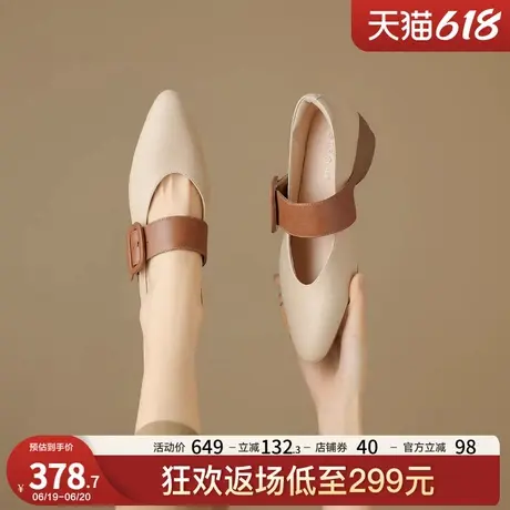 星期六复古拼色百搭女单鞋2025春季新品浅口粗跟女鞋不累脚小皮鞋商品大图