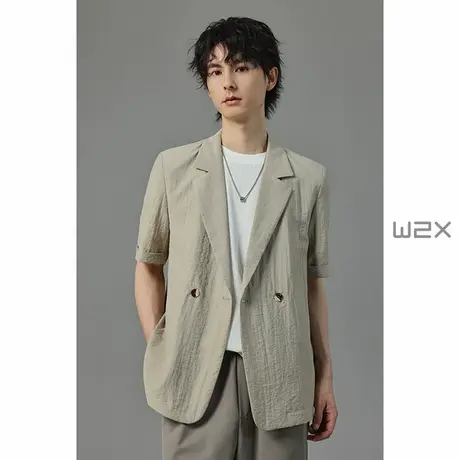 w2x2024新款夏季薄款亚麻五分袖休闲西装外套男设计感短袖小西服图片