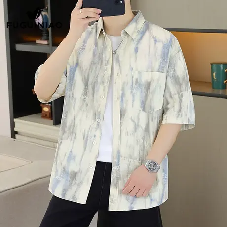 富贵鸟纯棉短袖衬衫男士休闲免烫上衣服夏季新款扎染衬衣外套男装商品大图