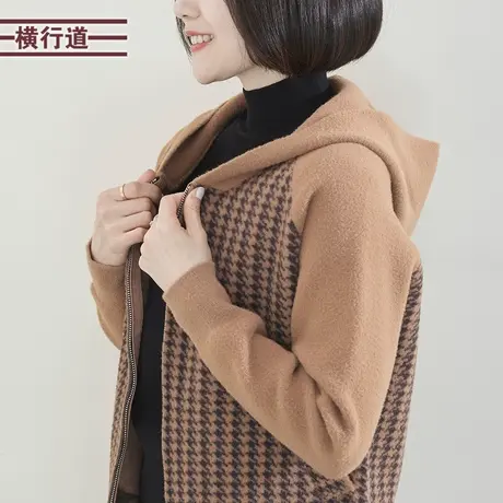 2023新款冬季连帽千鸟格加厚胖MM中年妈妈长袖外套女装拉链开衫商品大图