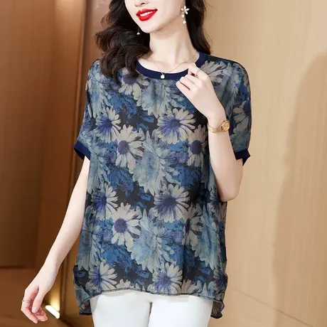 短袖雪纺衫女夏季新款宽松加大码女装中年妈妈印花遮肉显瘦薄上衣图片