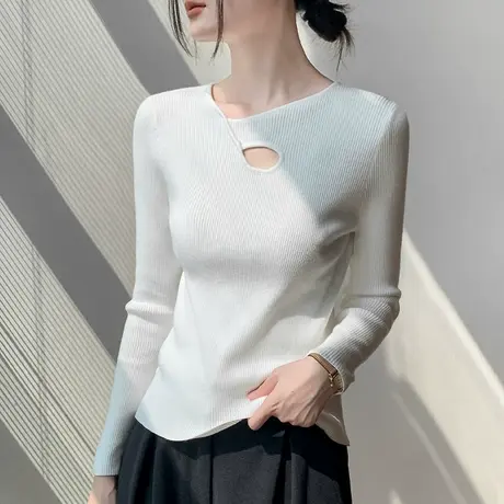 针织长袖打底衫女2023秋冬内搭毛衣高级感镂空不规则领口修身上衣图片