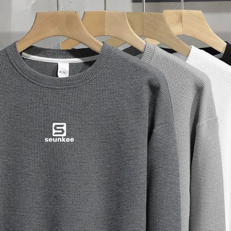 2023新款华夫格卫衣男圆领长袖t恤秋季潮流宽松套头无帽上衣百搭图片