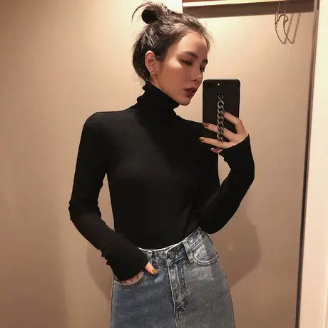 黑色打底衫女秋冬学生针织内搭洋气修身高领毛衣套头长袖韩版百搭图片
