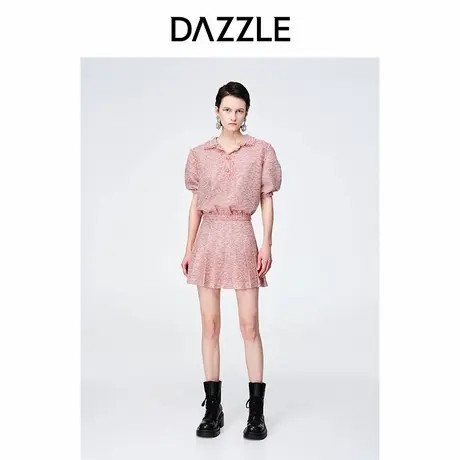DAZZLE地素奥莱 秋季粉色编织感短袖polo领套头短外套上衣女图片