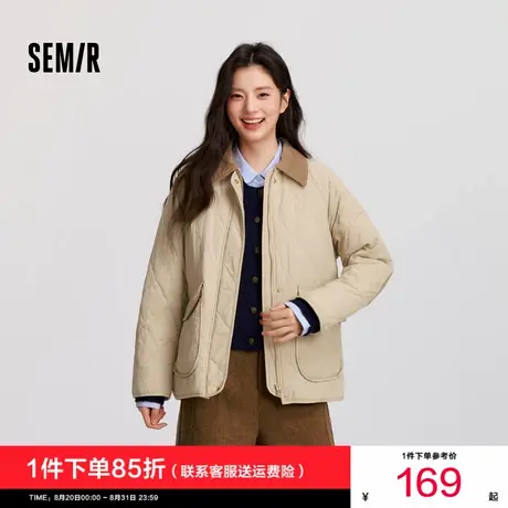 [商场同款]森马棉服女中长款轻薄宽松拼接翻领2024新款冬菱格棉衣图片
