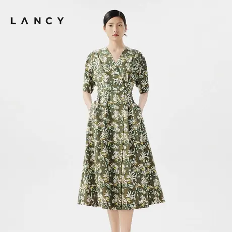 LANCY/朗姿2024夏季新款法式v领印花连衣裙复古碎花收腰气质裙子商品大图