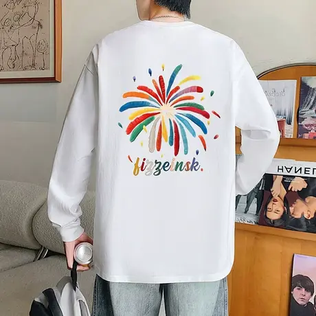 长袖T恤男春秋季2025新款大码休闲印花美式套头打底潮牌宽松上衣商品大图