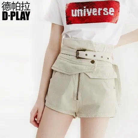 DPLAY德帕拉夏季新款欧美米色高腰系带不规则牛仔短裤热裤商品大图