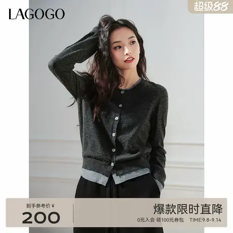 LAGOGO含羊毛假两件圆领针织衫女拉谷谷2024冬新款拼接设计感毛衣商品大图