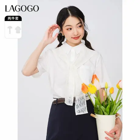 LAGOGO白色设计感短袖衬衫女拉谷谷夏季新款蕾丝披肩通勤两件套商品大图