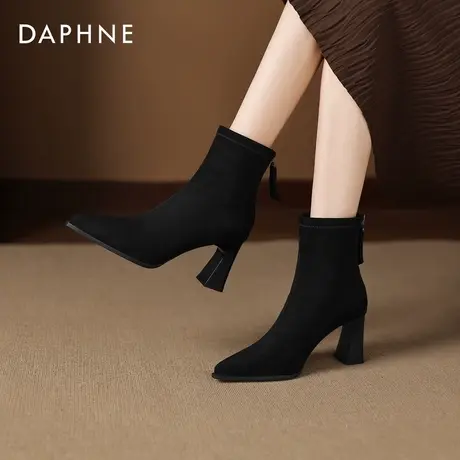 达芙妮黑色弹力瘦瘦靴女2026冬季新款粗跟尖头黑色短靴马丁靴踝靴图片
