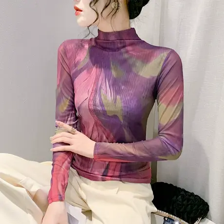 性感半高领T恤女长袖气质减龄网纱扎染印花上衣洋气修身透气小衫商品大图