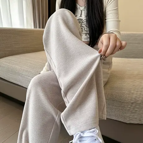 米白色针织阔腿裤女秋冬2023新款高腰显瘦宽松垂感休闲糯米羊绒裤商品大图