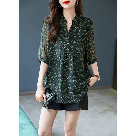 宝诗黎小立领五分袖印花雪纺衫2023夏季新款套头衬衣宽松气质上衣商品大图