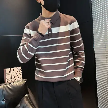 秋冬新款毛衣韩版简约小众拼色条纹翻领针织衫ins打底衫线衣体恤商品大图