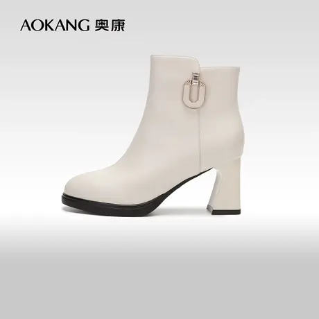 【门店发货】奥康女鞋 冬季新款加绒保暖粗高跟舒适增高显瘦日常商品大图