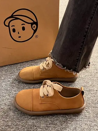 法式平底单鞋女2023年秋款休闲百搭复古勃肯鞋圆头软底系带豆豆鞋商品大图