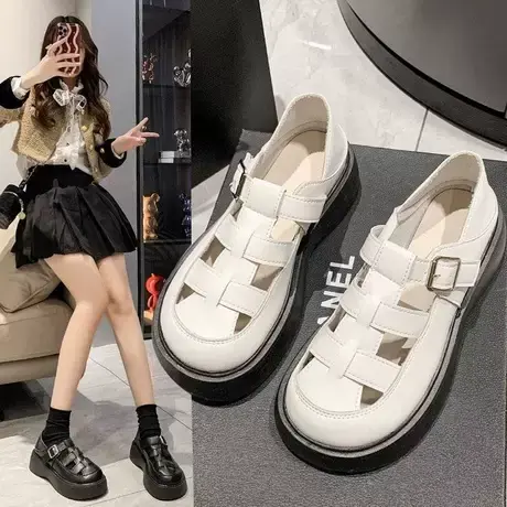 小皮鞋女英伦风2023春季新款镂空日系软妹复古大头鞋松糕厚底单鞋商品大图