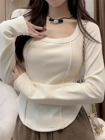 修身正肩t恤短款长袖打底衫女春秋冬季2023新款外穿鱼骨内搭上衣图片