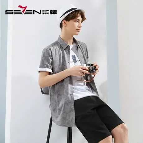【含莫代尔】柒牌男士短袖衬衫夏季新款时尚潮流满身印花翻领衬衣图片