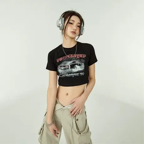 YEP夏季新款复古印花正肩短袖t恤女美式辣妹风紧身短款上衣ins潮商品大图