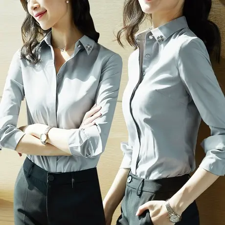灰色衬衫女拆卸领花2025春季新款长袖工作服职业正装工装免烫衬衣商品大图
