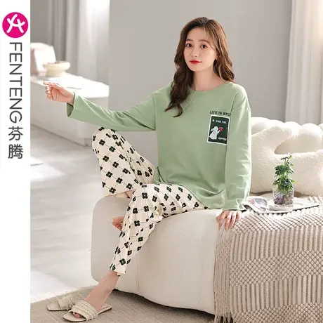 芬腾睡衣女纯棉春秋长袖圆领套头卡通甜美韩版少女全棉家居服套装商品大图