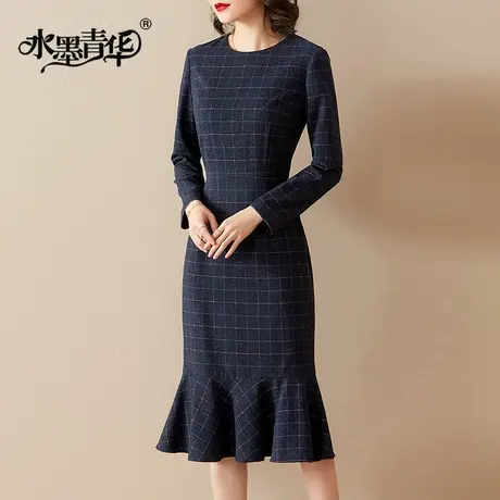 【1件7.9折】冬新品时尚格子荷叶边裙百搭优雅显瘦打底连衣裙图片